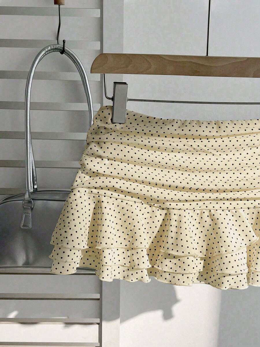 Elamini Women's Fashion Pleated Layered Decor Sweet Design Charming Polka Dot Ruffle Hem Vacation Style Skirt