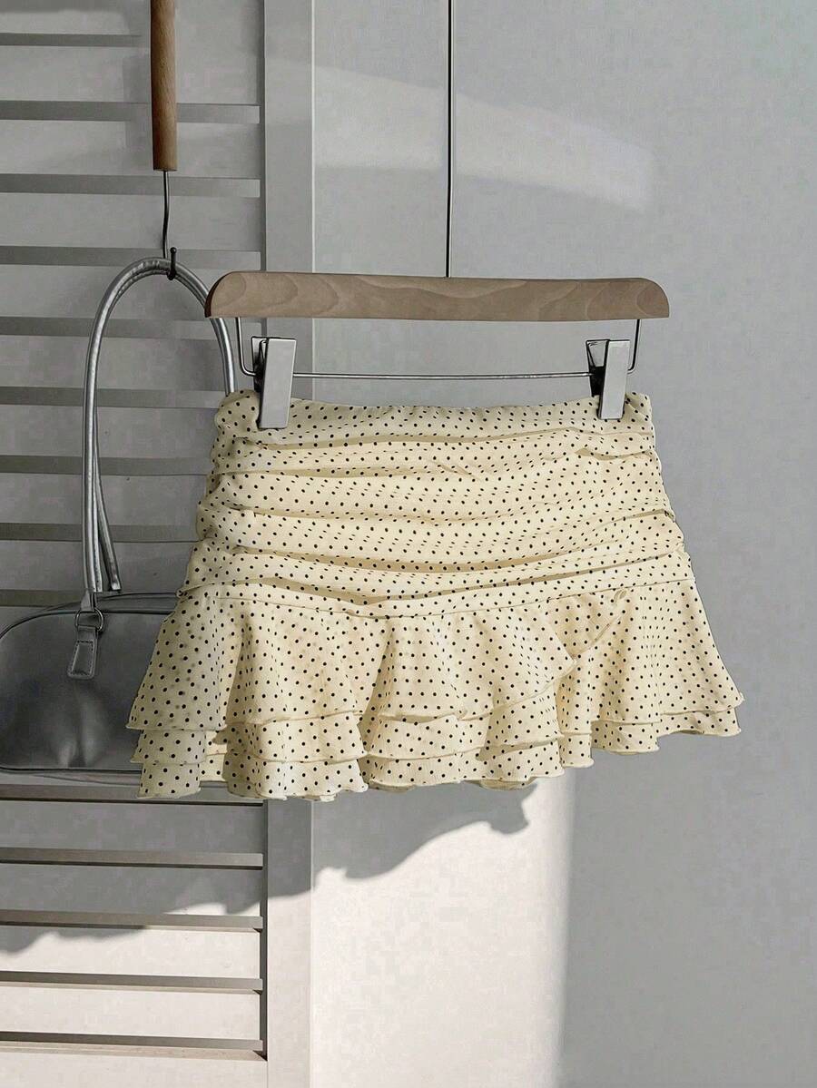 Elamini Women's Fashion Pleated Layered Decor Sweet Design Charming Polka Dot Ruffle Hem Vacation Style Skirt
