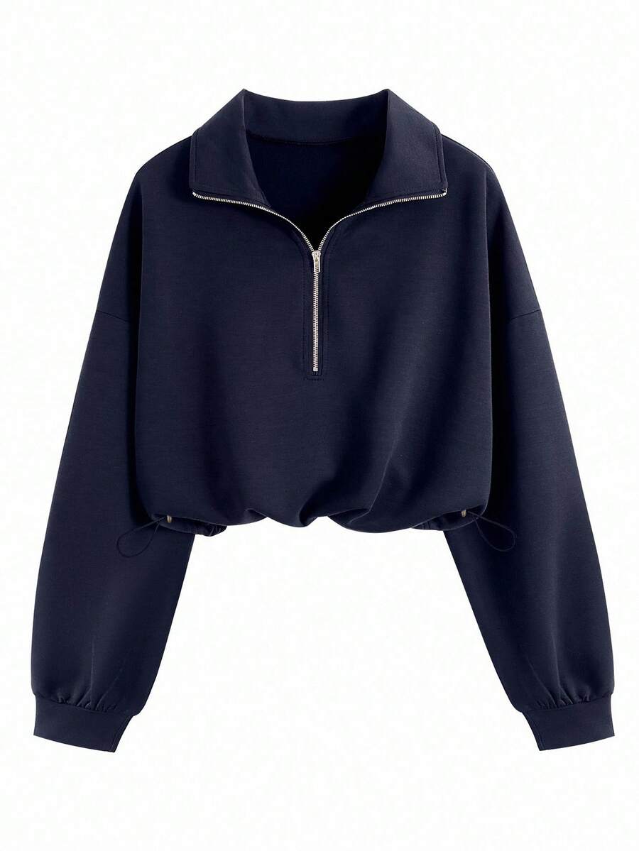 Airaco Women's Solid Color Drop Shoulder Long Sleeve Vintage American Style Half Zip Niche Sweatshirt Pullover Fall