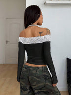 Coolane Women's Winter Streetwear Basic Casual Y2K Rib Knit Witchy Goth Music Festival  Lace Patchwork Off The Shoulder Warm/ Cold Weather/ Thermal Long Sleeve Black Top