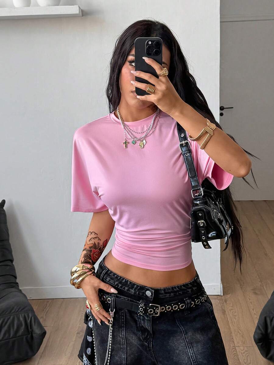 Coolane Women's Summer Minimalist Y2K Basic Daily Wear Casual Back To School Streetwear Stretchy Navy Blue Loose Ruched Crop Tees
