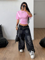 Coolane Women's Summer Minimalist Y2K Basic Daily Wear Casual Back To School Streetwear Stretchy Navy Blue Loose Ruched Crop Tees