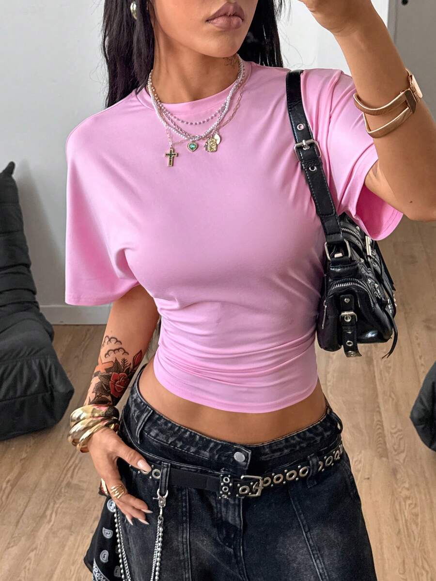 Coolane Women's Summer Minimalist Y2K Basic Daily Wear Casual Back To School Streetwear Stretchy Navy Blue Loose Ruched Crop Tees