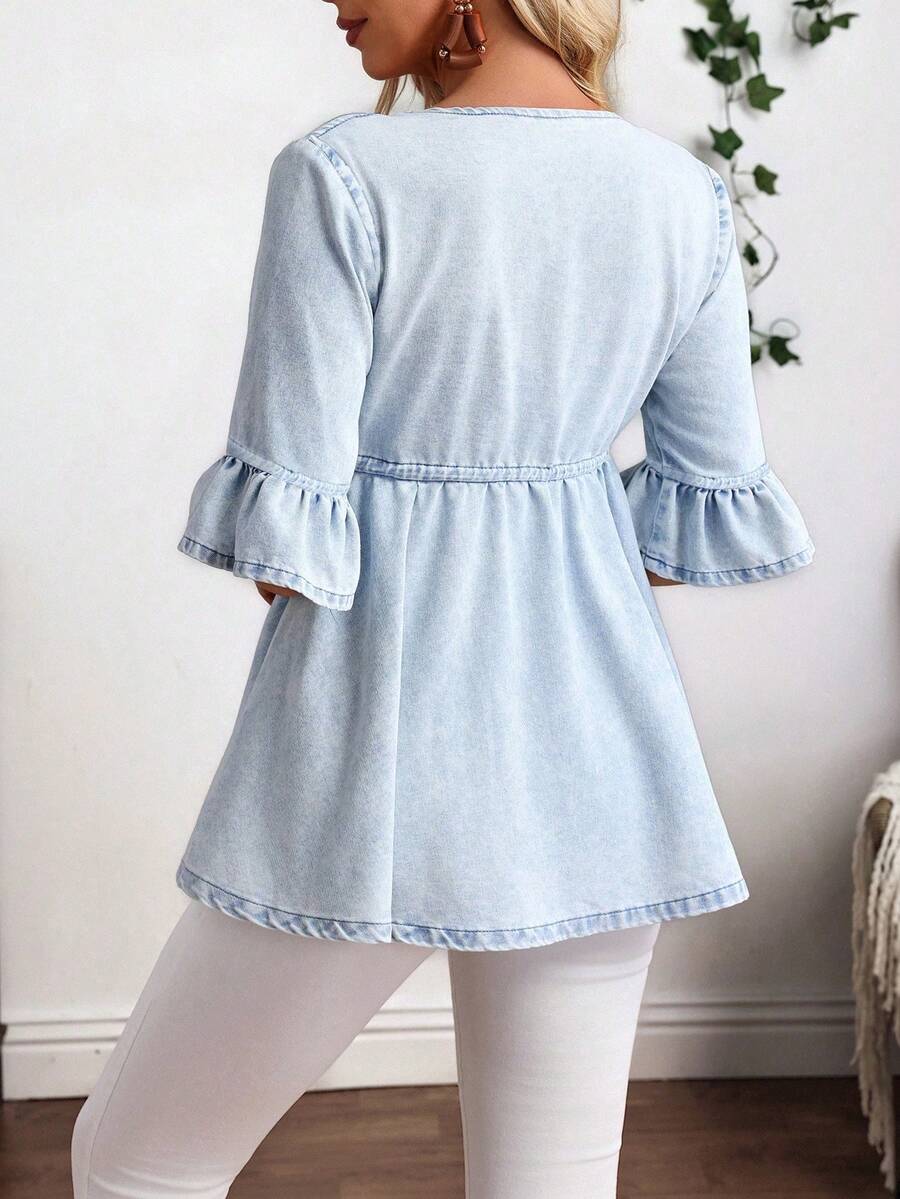 EMERY ROSE Plus Size Casual Drawstring Waist Ruffle Sleeve Denim Jacket Autumn And Winter New Loose Ruffled Romantic Three-Quarter Sleeve Denim Jacket Kimono