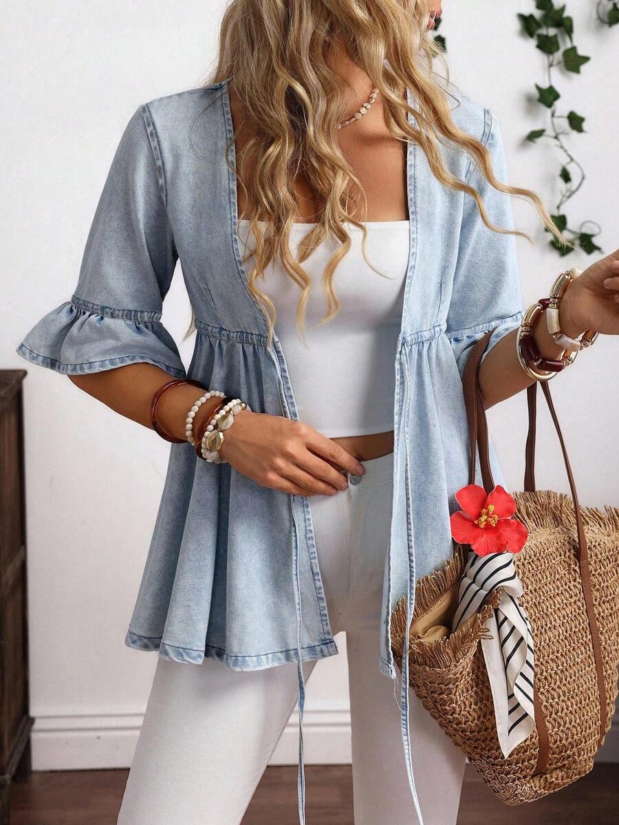 EMERY ROSE Plus Size Casual Drawstring Waist Ruffle Sleeve Denim Jacket Autumn And Winter New Loose Ruffled Romantic Three-Quarter Sleeve Denim Jacket Kimono