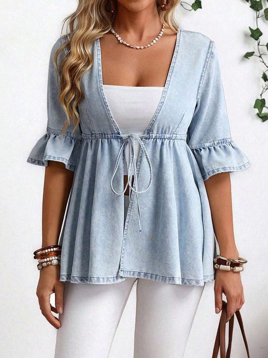 EMERY ROSE Plus Size Casual Drawstring Waist Ruffle Sleeve Denim Jacket Autumn And Winter New Loose Ruffled Romantic Three-Quarter Sleeve Denim Jacket Kimono