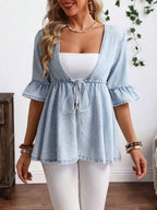 EMERY ROSE Plus Size Casual Drawstring Waist Ruffle Sleeve Denim Jacket Autumn And Winter New Loose Ruffled Romantic Three-Quarter Sleeve Denim Jacket Kimono