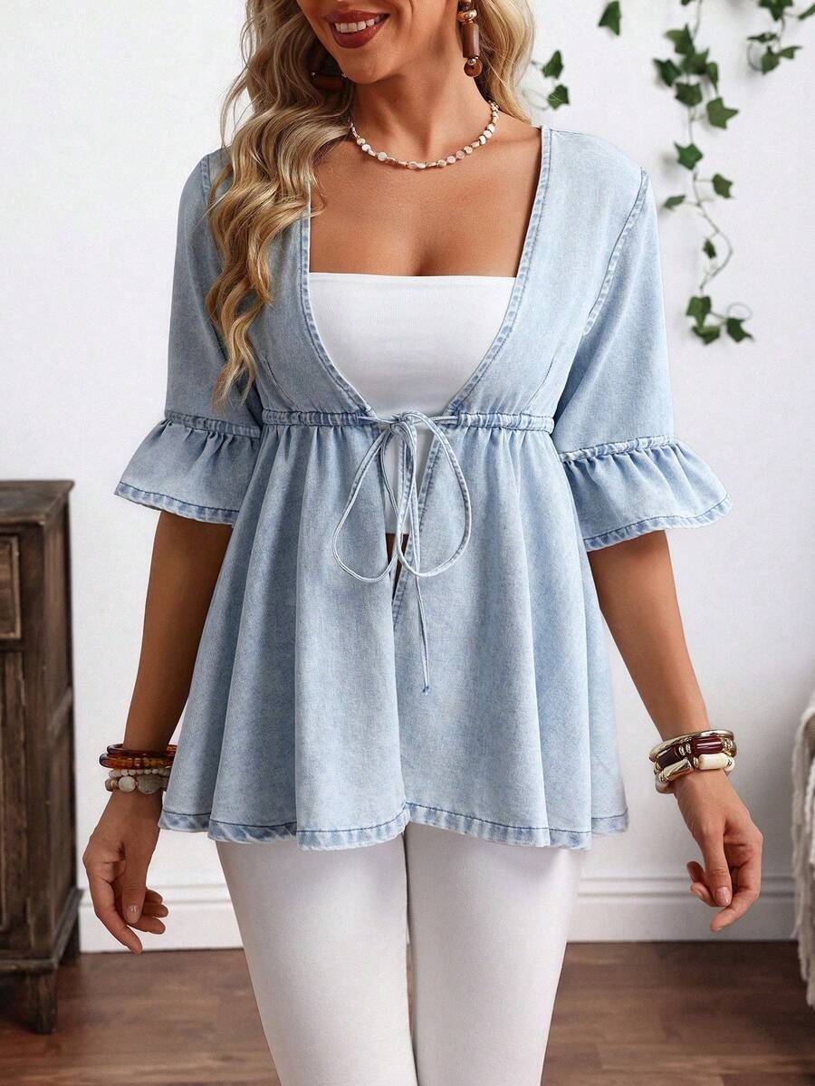 EMERY ROSE Plus Size Casual Drawstring Waist Ruffle Sleeve Denim Jacket Autumn And Winter New Loose Ruffled Romantic Three-Quarter Sleeve Denim Jacket Kimono