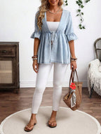 EMERY ROSE Plus Size Casual Drawstring Waist Ruffle Sleeve Denim Jacket Autumn And Winter New Loose Ruffled Romantic Three-Quarter Sleeve Denim Jacket Kimono