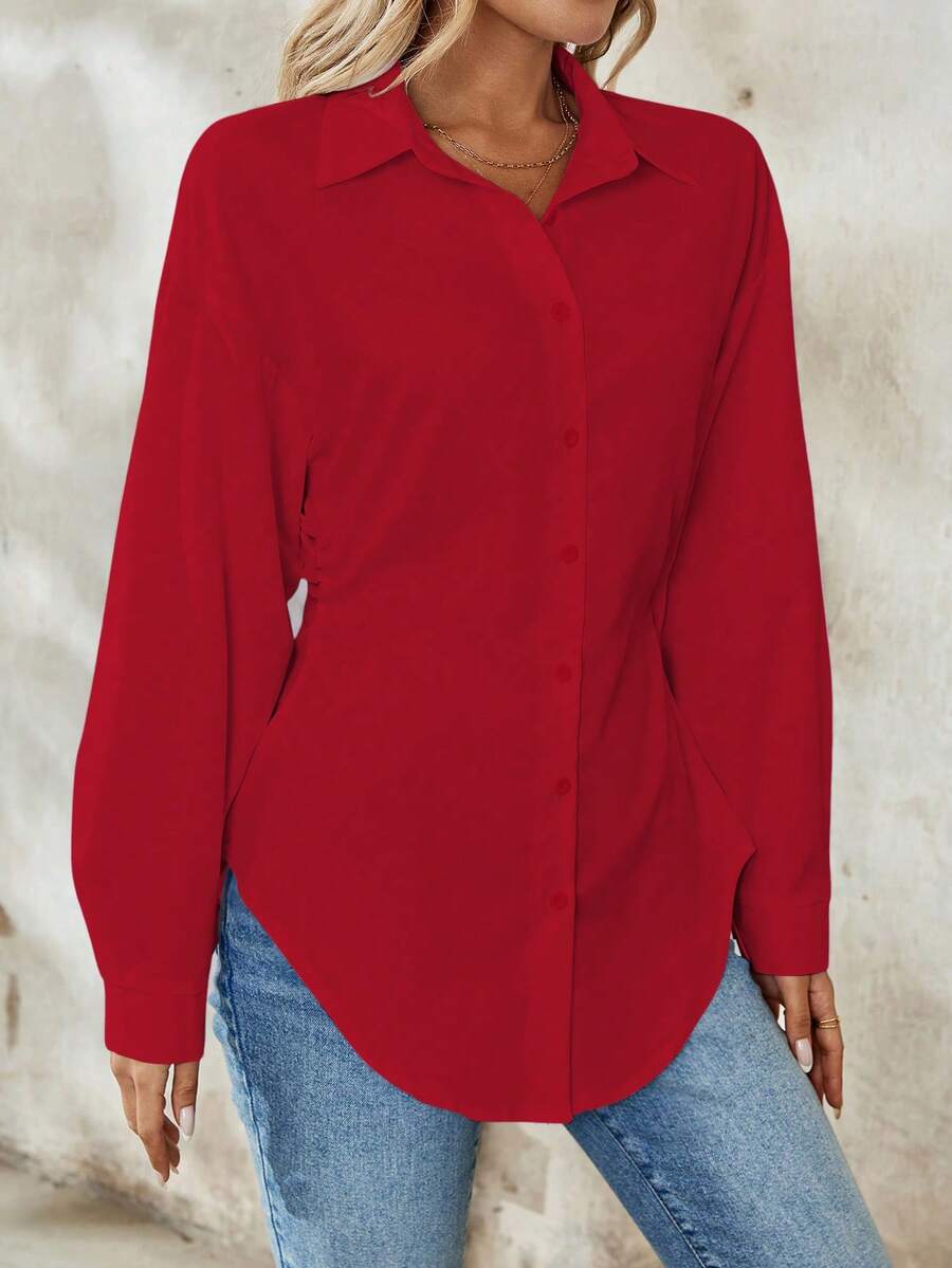 Airlisse Women's French Elegant Casual Cinched Waist Ruched Long Sleeve White Blouse, Suitable For Work And School