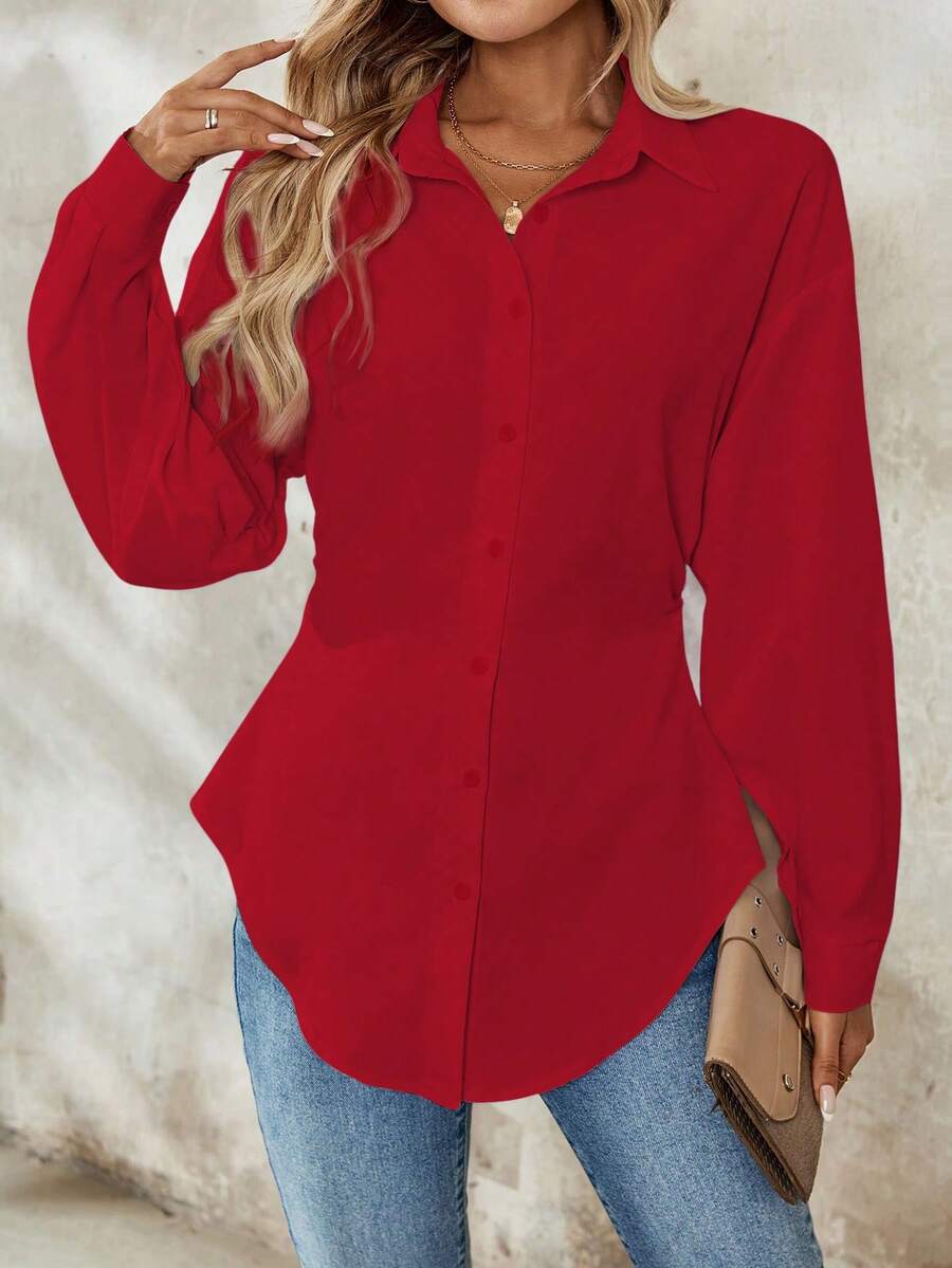 Airlisse Women's French Elegant Casual Cinched Waist Ruched Long Sleeve White Blouse, Suitable For Work And School