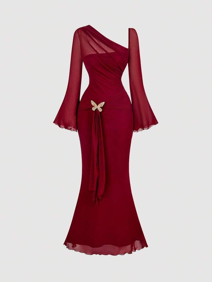 SHEIN MOD Women's Metallic Butterfly Ombre Abstract Floral Bell Sleeve Dress, Brown Elegant Women Dress, Brown Long Dress, Earth Tone Dress, Unique Dress,Elegant,Luxury,Party Dress,Dresses For Women Elegant