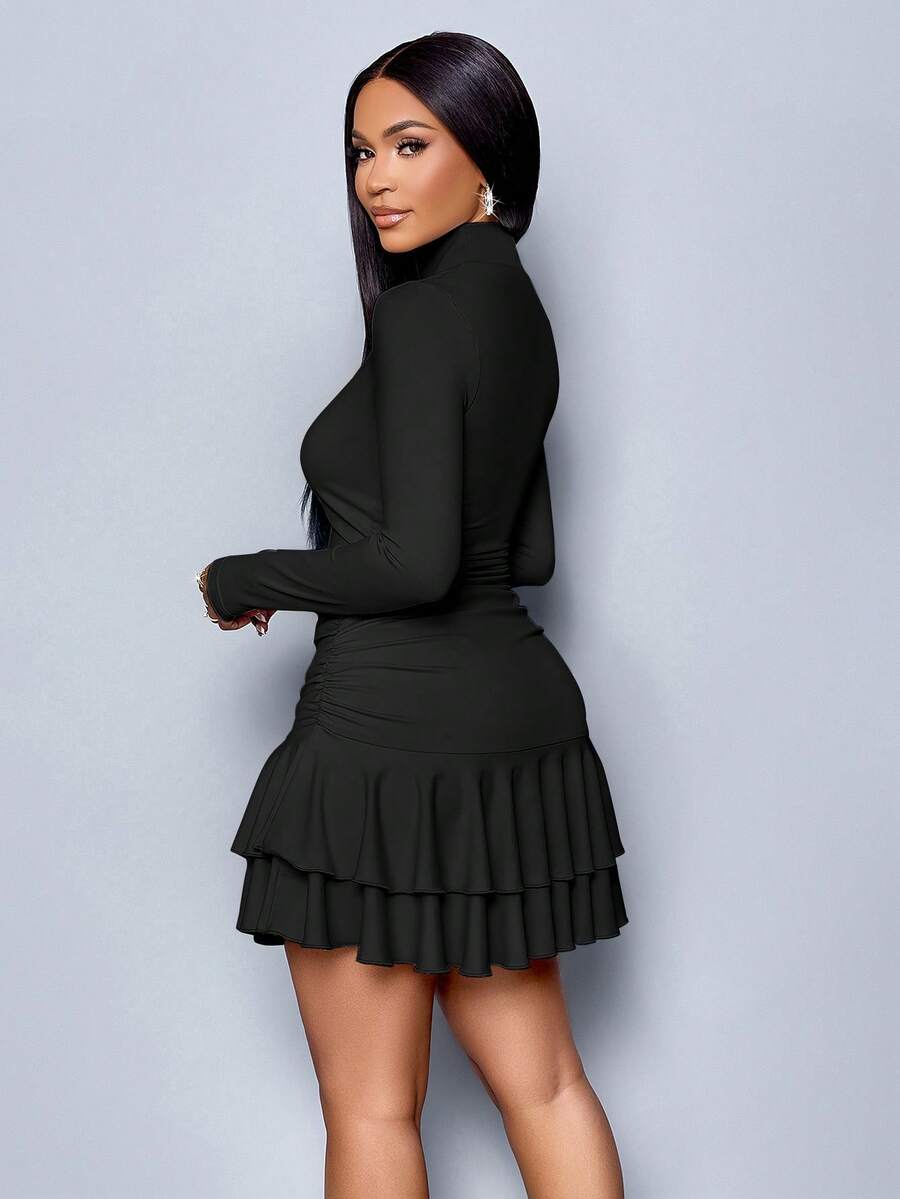 SOLERSUN Winter Clothes For Women Dresses For Women Elegant Elegant Party Daytime Apricot Knitted High Neck Long Sleeves Gathered Double Ruffled Mini Dress Fall Cloth For Women