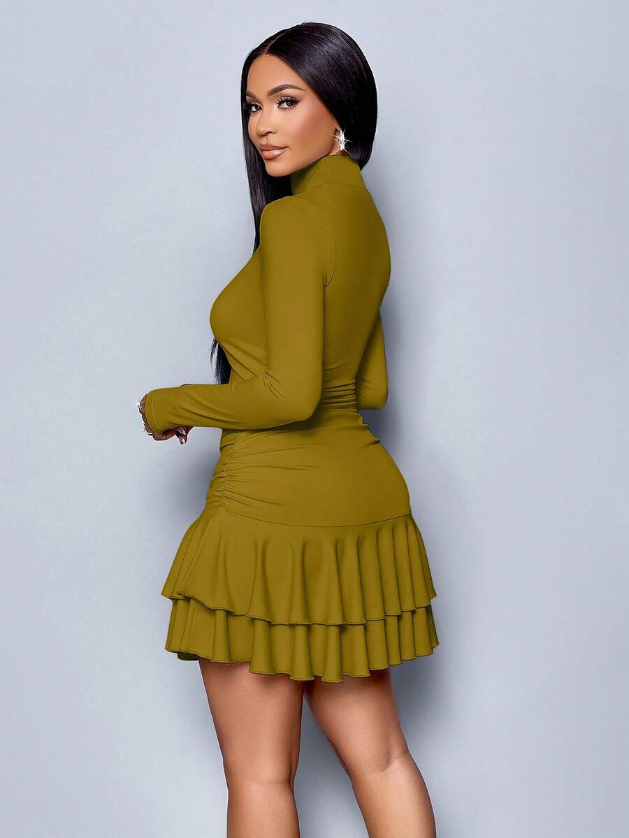 SOLERSUN Winter Clothes For Women Dresses For Women Elegant Elegant Party Daytime Apricot Knitted High Neck Long Sleeves Gathered Double Ruffled Mini Dress Fall Cloth For Women