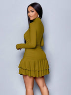 SOLERSUN Winter Clothes For Women Dresses For Women Elegant Elegant Party Daytime Apricot Knitted High Neck Long Sleeves Gathered Double Ruffled Mini Dress Fall Cloth For Women