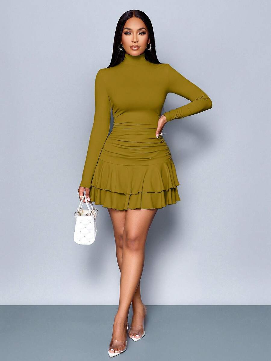 SOLERSUN Winter Clothes For Women Dresses For Women Elegant Elegant Party Daytime Apricot Knitted High Neck Long Sleeves Gathered Double Ruffled Mini Dress Fall Cloth For Women