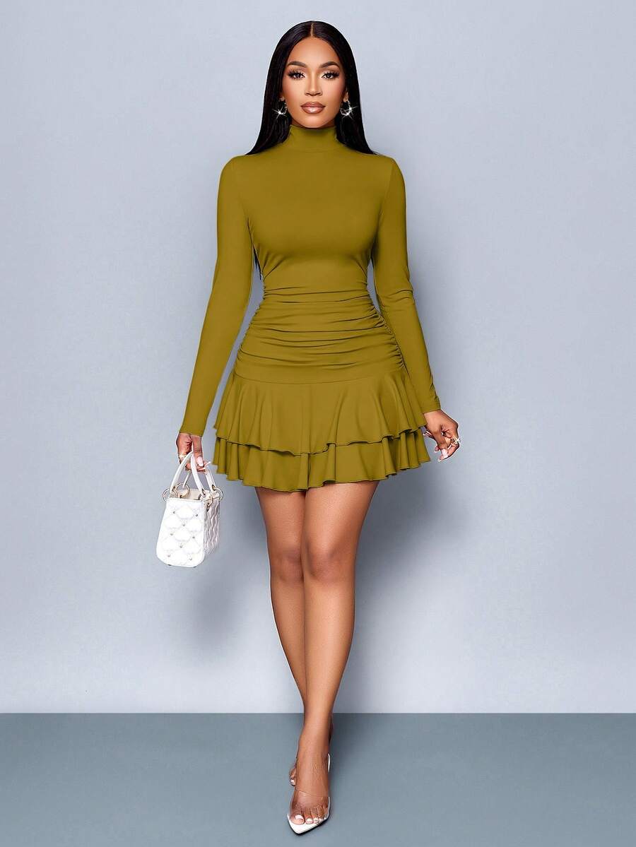 SOLERSUN Winter Clothes For Women Dresses For Women Elegant Elegant Party Daytime Apricot Knitted High Neck Long Sleeves Gathered Double Ruffled Mini Dress Fall Cloth For Women