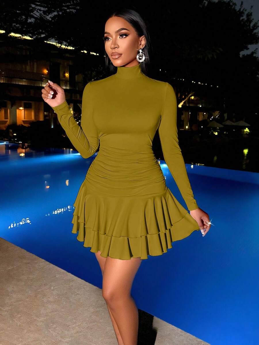 SOLERSUN Winter Clothes For Women Dresses For Women Elegant Elegant Party Daytime Apricot Knitted High Neck Long Sleeves Gathered Double Ruffled Mini Dress Fall Cloth For Women
