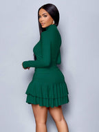 SOLERSUN Winter Clothes For Women Dresses For Women Elegant Elegant Party Daytime Apricot Knitted High Neck Long Sleeves Gathered Double Ruffled Mini Dress Fall Cloth For Women