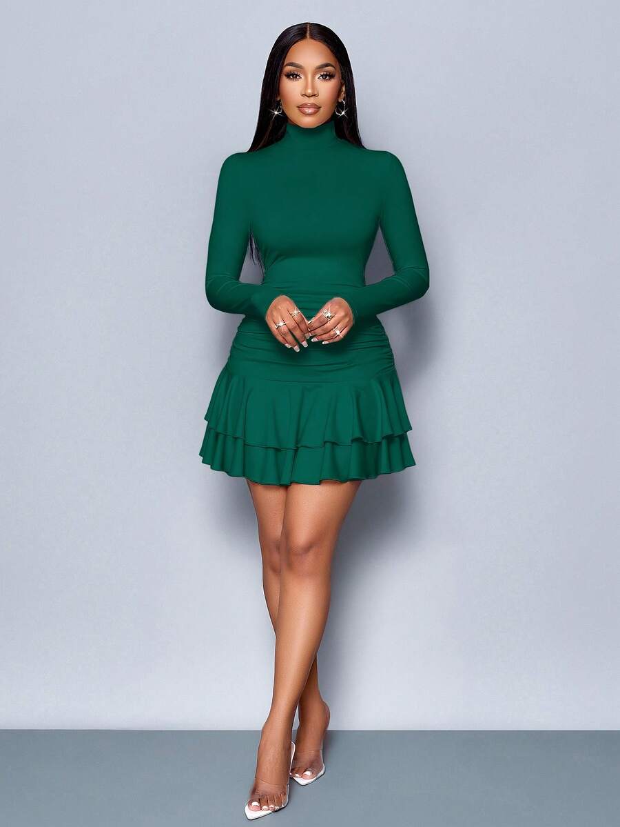 SOLERSUN Winter Clothes For Women Dresses For Women Elegant Elegant Party Daytime Apricot Knitted High Neck Long Sleeves Gathered Double Ruffled Mini Dress Fall Cloth For Women
