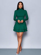SOLERSUN Winter Clothes For Women Dresses For Women Elegant Elegant Party Daytime Apricot Knitted High Neck Long Sleeves Gathered Double Ruffled Mini Dress Fall Cloth For Women