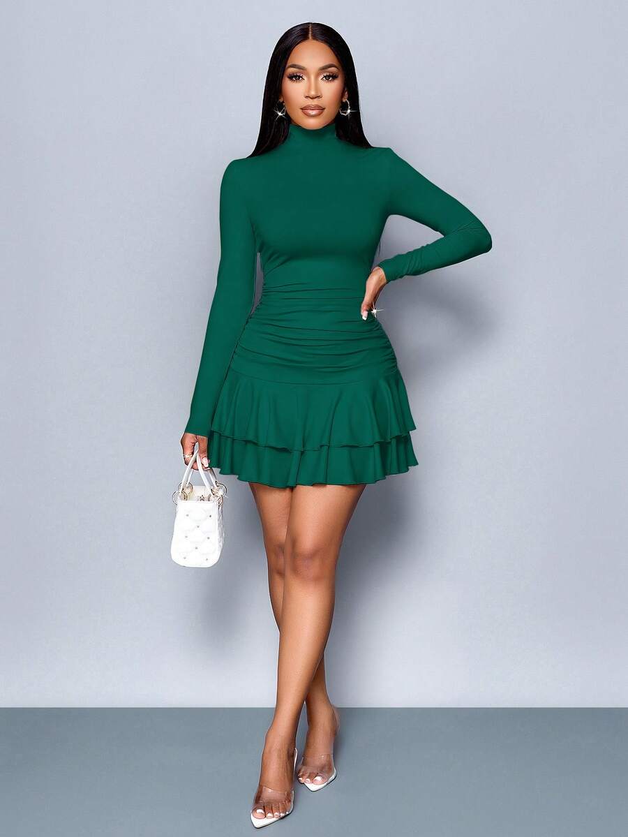 SOLERSUN Winter Clothes For Women Dresses For Women Elegant Elegant Party Daytime Apricot Knitted High Neck Long Sleeves Gathered Double Ruffled Mini Dress Fall Cloth For Women