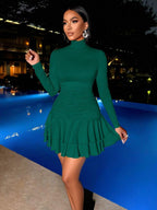 SOLERSUN Winter Clothes For Women Dresses For Women Elegant Elegant Party Daytime Apricot Knitted High Neck Long Sleeves Gathered Double Ruffled Mini Dress Fall Cloth For Women
