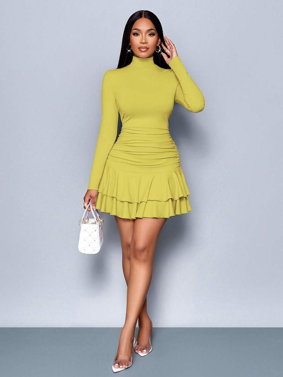 SOLERSUN Winter Clothes For Women Dresses For Women Elegant Elegant Party Daytime Apricot Knitted High Neck Long Sleeves Gathered Double Ruffled Mini Dress Fall Cloth For Women