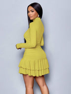 SOLERSUN Winter Clothes For Women Dresses For Women Elegant Elegant Party Daytime Apricot Knitted High Neck Long Sleeves Gathered Double Ruffled Mini Dress Fall Cloth For Women