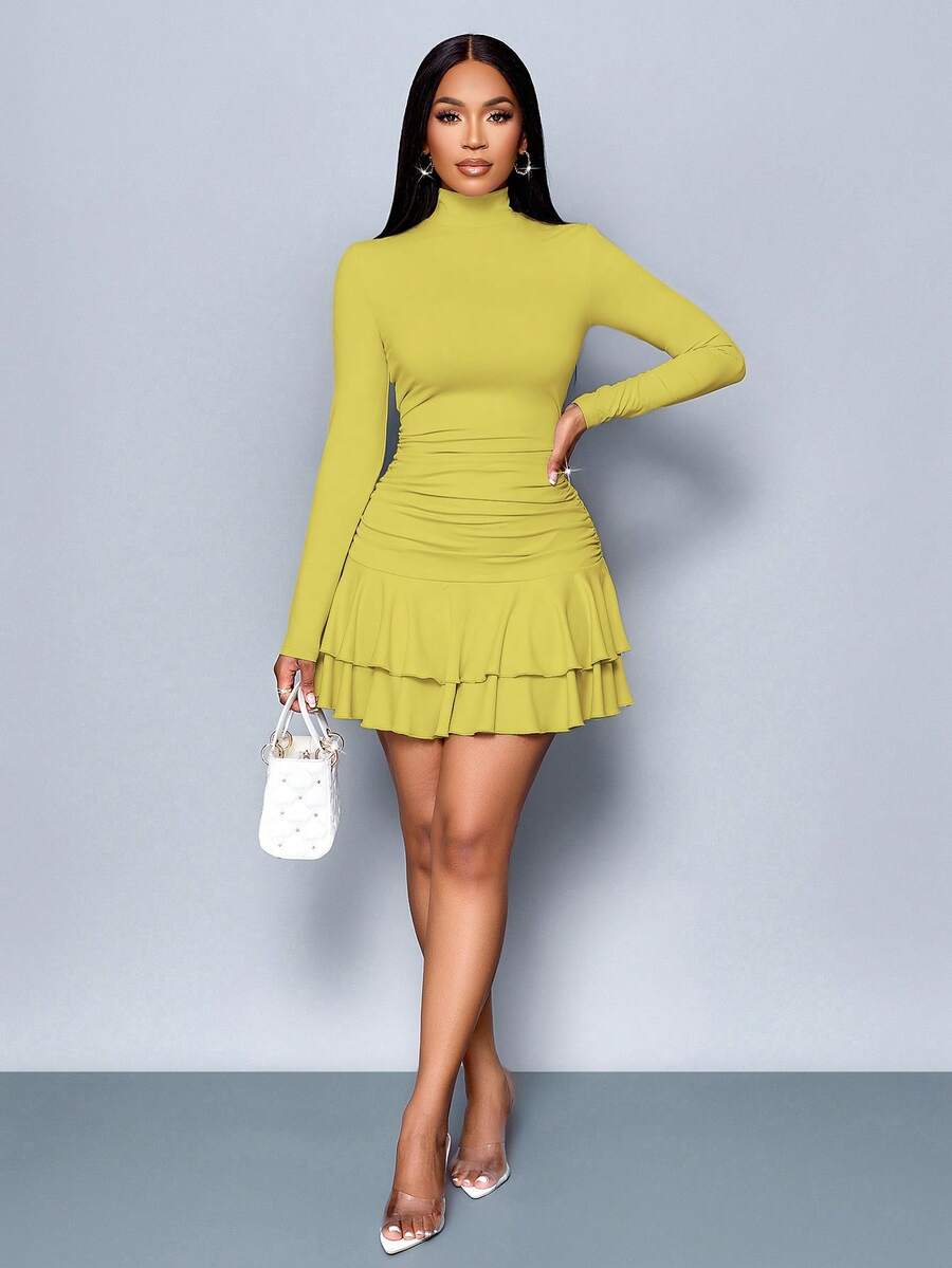 SOLERSUN Winter Clothes For Women Dresses For Women Elegant Elegant Party Daytime Apricot Knitted High Neck Long Sleeves Gathered Double Ruffled Mini Dress Fall Cloth For Women