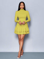 SOLERSUN Winter Clothes For Women Dresses For Women Elegant Elegant Party Daytime Apricot Knitted High Neck Long Sleeves Gathered Double Ruffled Mini Dress Fall Cloth For Women