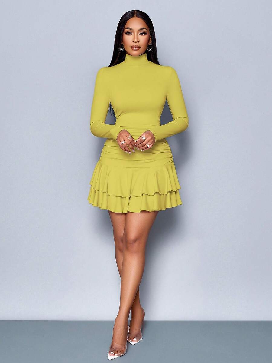 SOLERSUN Winter Clothes For Women Dresses For Women Elegant Elegant Party Daytime Apricot Knitted High Neck Long Sleeves Gathered Double Ruffled Mini Dress Fall Cloth For Women