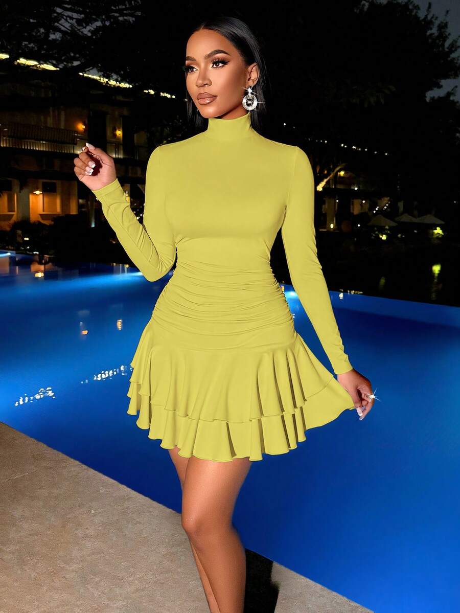 SOLERSUN Winter Clothes For Women Dresses For Women Elegant Elegant Party Daytime Apricot Knitted High Neck Long Sleeves Gathered Double Ruffled Mini Dress Fall Cloth For Women