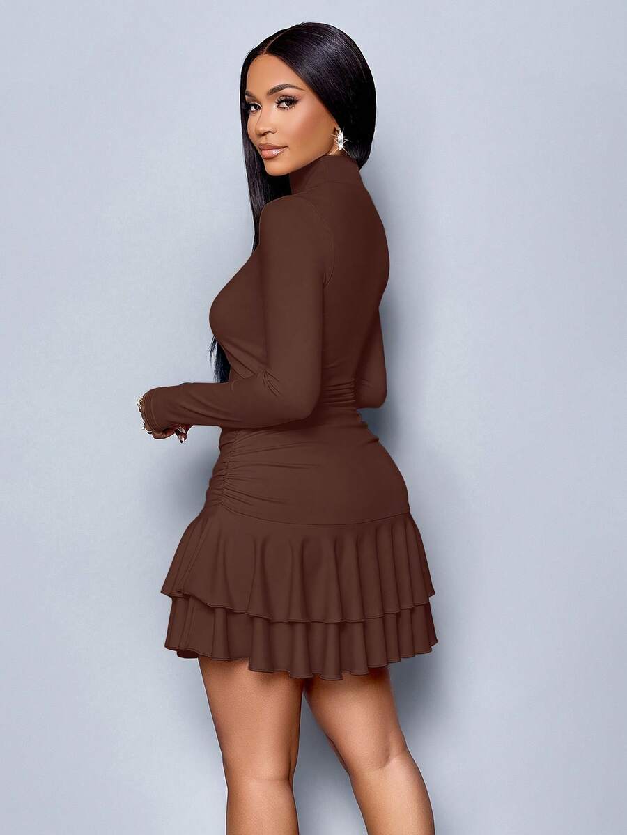SOLERSUN Winter Clothes For Women Dresses For Women Elegant Elegant Party Daytime Apricot Knitted High Neck Long Sleeves Gathered Double Ruffled Mini Dress Fall Cloth For Women