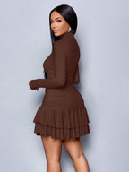 SOLERSUN Winter Clothes For Women Dresses For Women Elegant Elegant Party Daytime Apricot Knitted High Neck Long Sleeves Gathered Double Ruffled Mini Dress Fall Cloth For Women