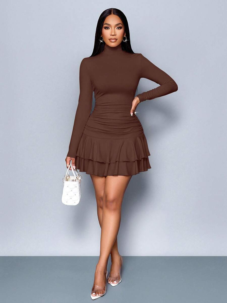 SOLERSUN Winter Clothes For Women Dresses For Women Elegant Elegant Party Daytime Apricot Knitted High Neck Long Sleeves Gathered Double Ruffled Mini Dress Fall Cloth For Women
