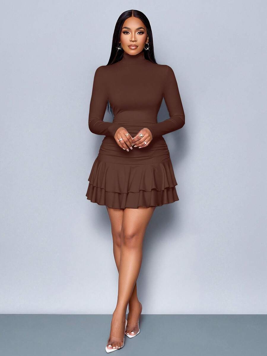 SOLERSUN Winter Clothes For Women Dresses For Women Elegant Elegant Party Daytime Apricot Knitted High Neck Long Sleeves Gathered Double Ruffled Mini Dress Fall Cloth For Women
