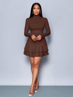 SOLERSUN Winter Clothes For Women Dresses For Women Elegant Elegant Party Daytime Apricot Knitted High Neck Long Sleeves Gathered Double Ruffled Mini Dress Fall Cloth For Women