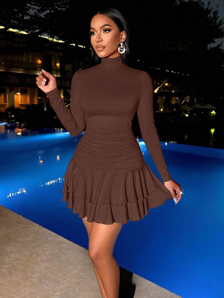 SOLERSUN Winter Clothes For Women Dresses For Women Elegant Elegant Party Daytime Apricot Knitted High Neck Long Sleeves Gathered Double Ruffled Mini Dress Fall Cloth For Women