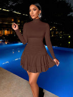 SOLERSUN Winter Clothes For Women Dresses For Women Elegant Elegant Party Daytime Apricot Knitted High Neck Long Sleeves Gathered Double Ruffled Mini Dress Fall Cloth For Women