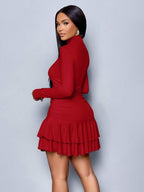 SOLERSUN Winter Clothes For Women Dresses For Women Elegant Elegant Party Daytime Apricot Knitted High Neck Long Sleeves Gathered Double Ruffled Mini Dress Fall Cloth For Women