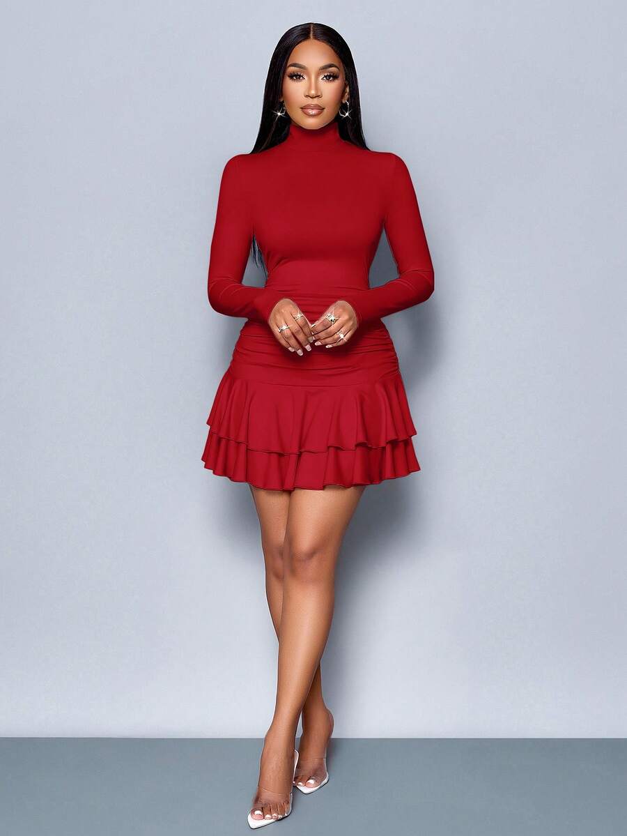 SOLERSUN Winter Clothes For Women Dresses For Women Elegant Elegant Party Daytime Apricot Knitted High Neck Long Sleeves Gathered Double Ruffled Mini Dress Fall Cloth For Women