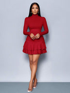 SOLERSUN Winter Clothes For Women Dresses For Women Elegant Elegant Party Daytime Apricot Knitted High Neck Long Sleeves Gathered Double Ruffled Mini Dress Fall Cloth For Women