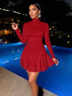 SOLERSUN Winter Clothes For Women Dresses For Women Elegant Elegant Party Daytime Apricot Knitted High Neck Long Sleeves Gathered Double Ruffled Mini Dress Fall Cloth For Women