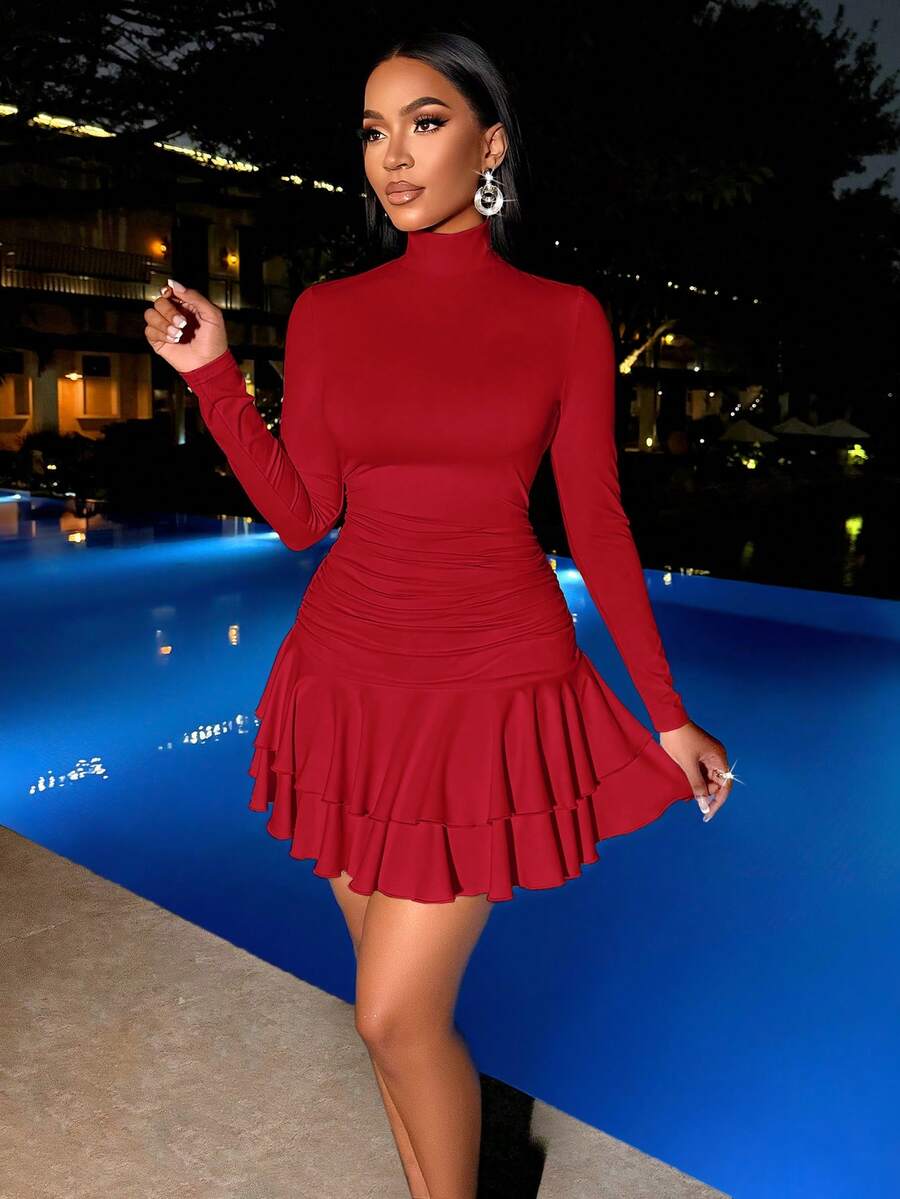 SOLERSUN Winter Clothes For Women Dresses For Women Elegant Elegant Party Daytime Apricot Knitted High Neck Long Sleeves Gathered Double Ruffled Mini Dress Fall Cloth For Women