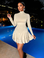 SOLERSUN Winter Clothes For Women Dresses For Women Elegant Elegant Party Daytime Apricot Knitted High Neck Long Sleeves Gathered Double Ruffled Mini Dress Fall Cloth For Women