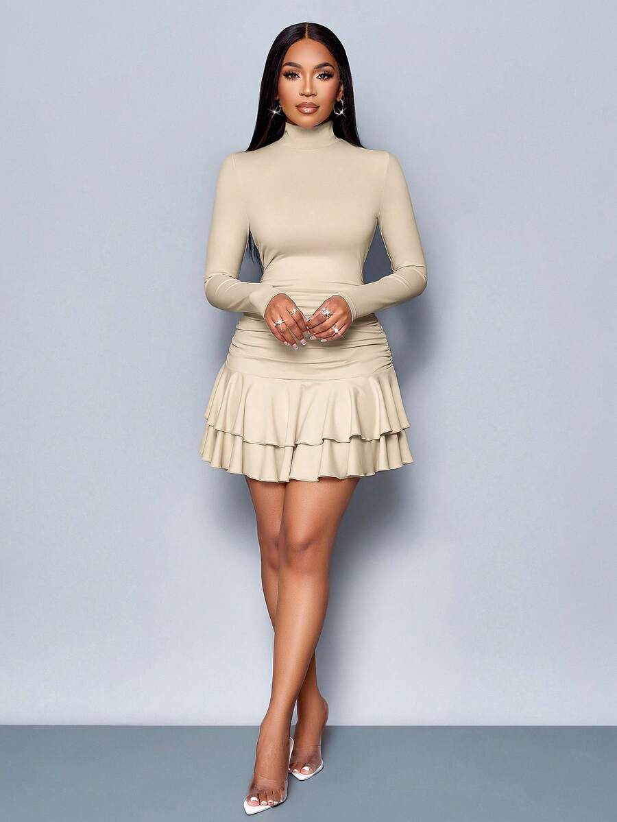 SOLERSUN Winter Clothes For Women Dresses For Women Elegant Elegant Party Daytime Apricot Knitted High Neck Long Sleeves Gathered Double Ruffled Mini Dress Fall Cloth For Women