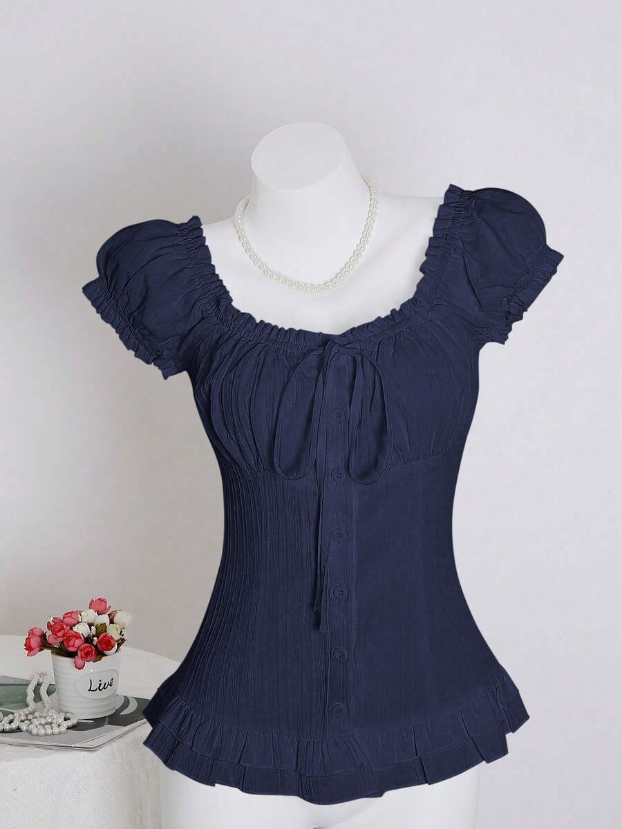 Sweetra Women's Summer Solid Color Ruffle Hem Tie Waist Short Sleeve Blouse