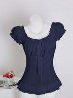 Sweetra Women's Summer Solid Color Ruffle Hem Tie Waist Short Sleeve Blouse