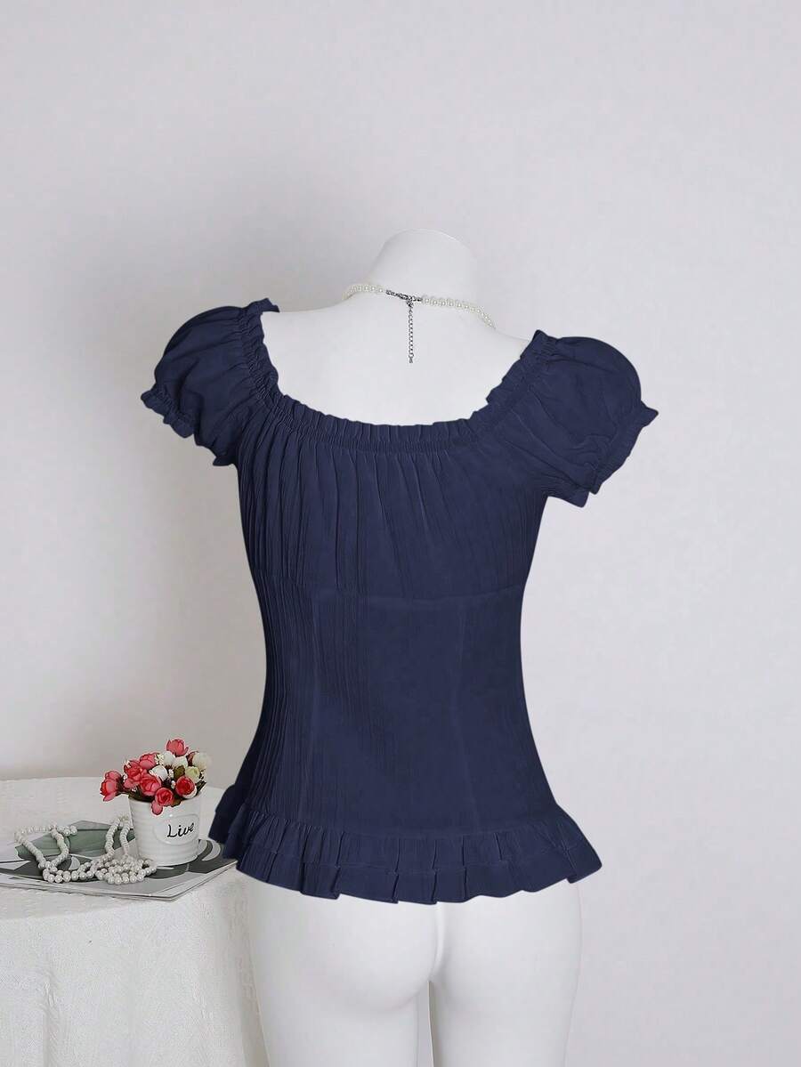 Sweetra Women's Summer Solid Color Ruffle Hem Tie Waist Short Sleeve Blouse